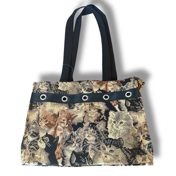Vintage Cat Tapestry Tote Bag Kittens Shoulder Bag Grommet Detail Large New - Picture 1 of 13